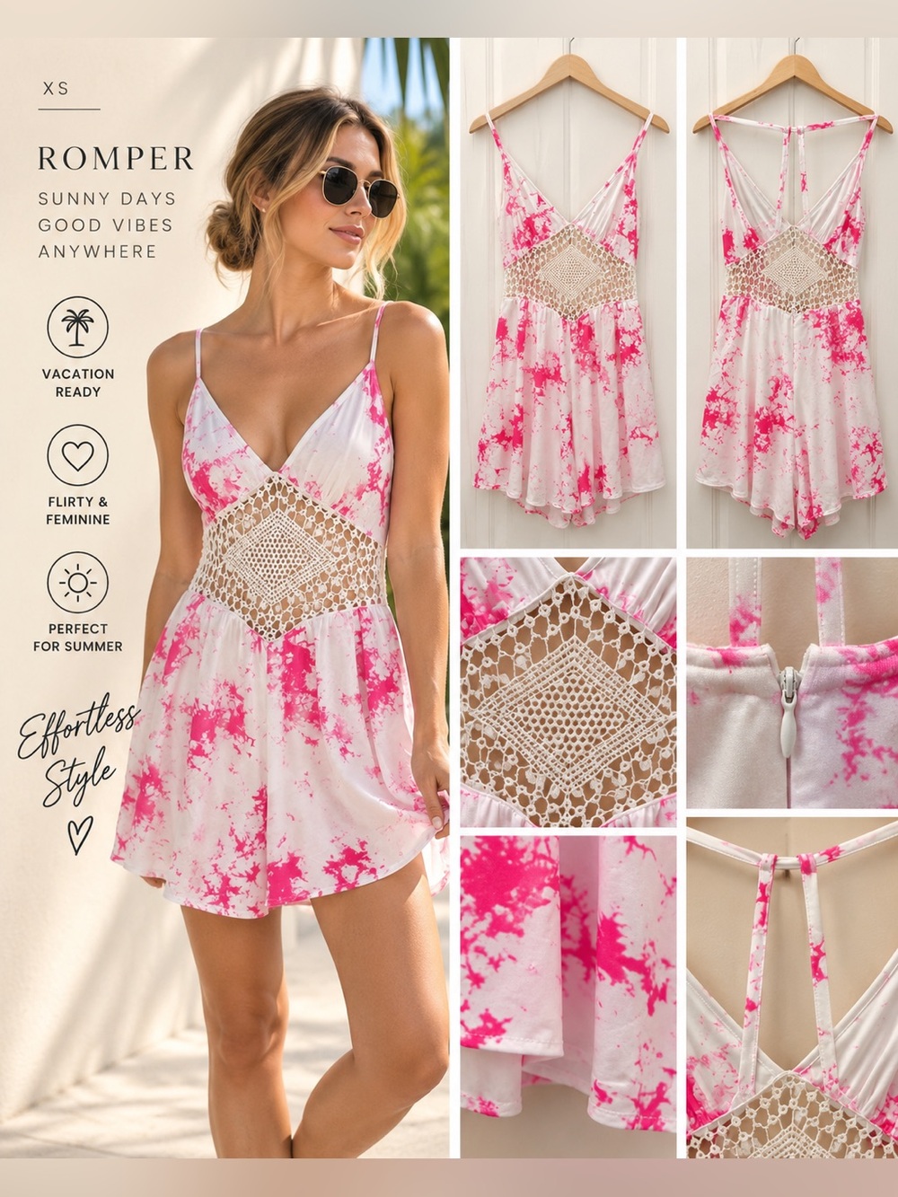 Women’s XS Pink White Crochet Romper Strappy Open Back Wide Leg